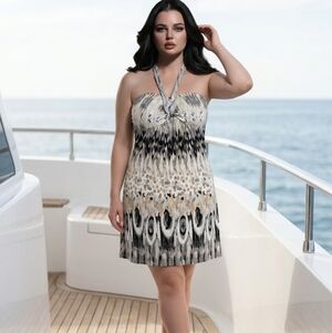 Gold Flava Halter Tie Mini Dress Plus 24 Gray Metallic Watercolor Island Vibes